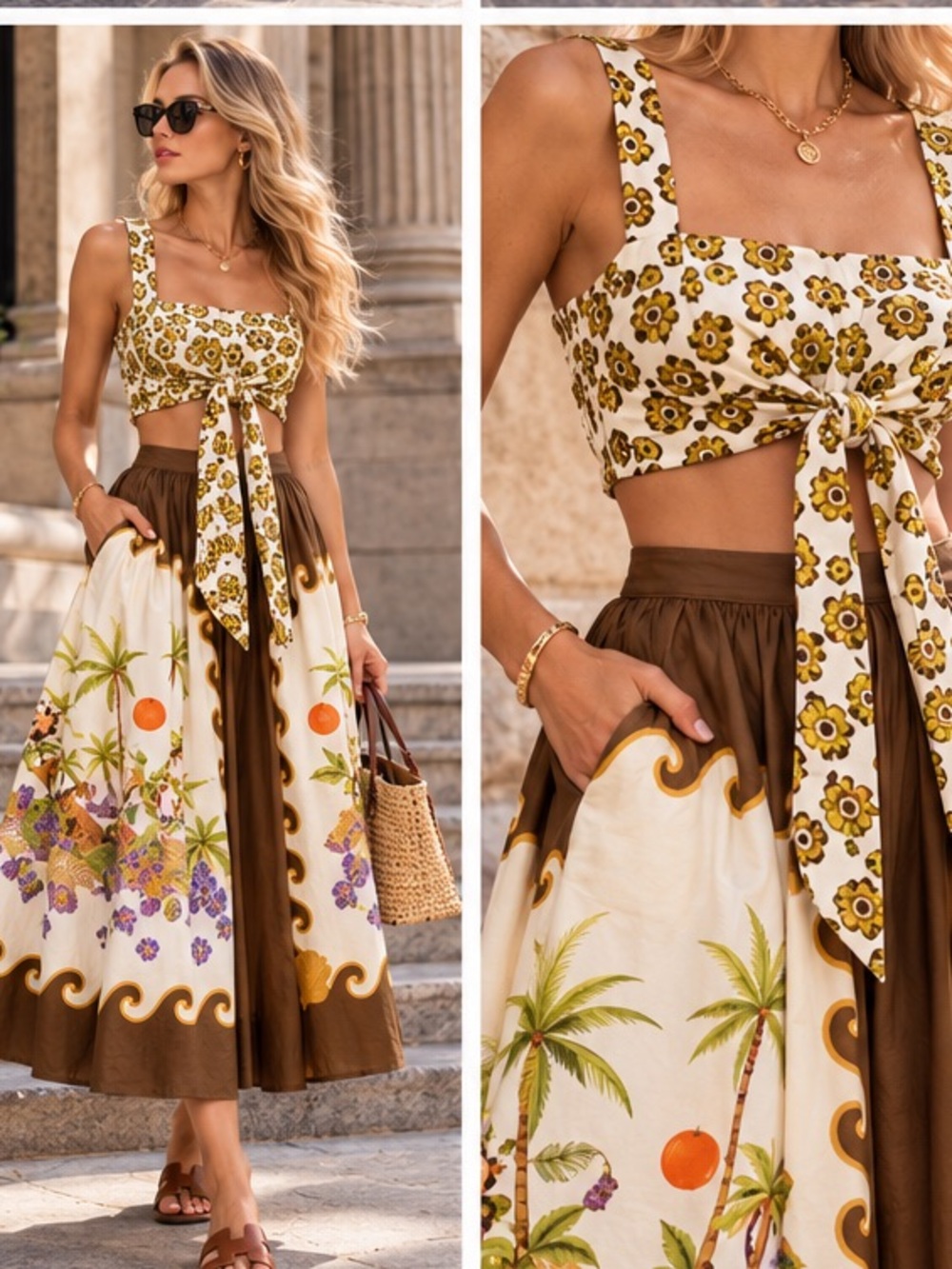 Alemais Set, Floral Tie-Front top and Midi Skirt - Brown & White
